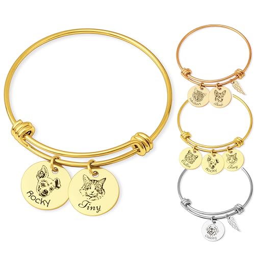 Anavia 1/2/3/4 Disc Pet Portrait Bangle Bracelet, Personalized Pet Memorial Expandable Charm Bracelet Jewelry Gift, Customized Round Disc Photo Engraved Dog Cat Bracelet for Animal Lovers - color: Gold, size: Large - 2 Disc