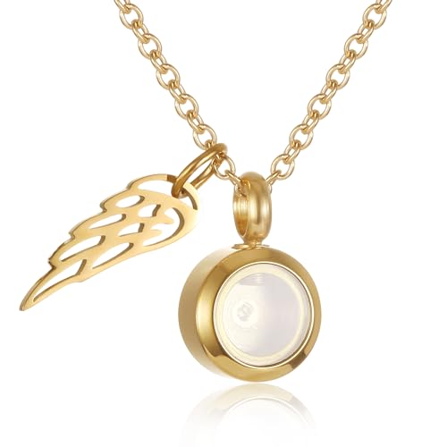 Tiny Glass Round Cremation Urn Necklace For Ashes For Women With Angel Wing Stainless Steel Memorial Locket Necklace Keepsake Jewelry - color: Gold