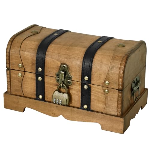 Vintage Wooden Treasure Chest Box with Combination Lock,,Brown,10"x6"x6" | Decorative Pirate Keepsake Storage Box for Jewelry, Coins, Letters, Collectibles and Home Decor - color: Brown, size: 10.24" x 5.9" x 5.9"