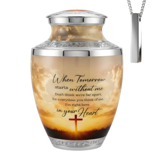 Americurn Sunset Cross Text Cremation Urns for Human Ashes Set of 2 Decorative Urn for Adult Male & Female Includes 1 Large Burial Ash Holder & 1 Necklaceurn - color: Sunset Cross Text Large Urn