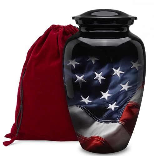 American Flag Urn for Human Ashes | Patriotic American Flag Cremation Urn for Adults, Veteran, Handmade Funeral Urns with Velvet Bag - color: American Flag, size: 1 Large Urn