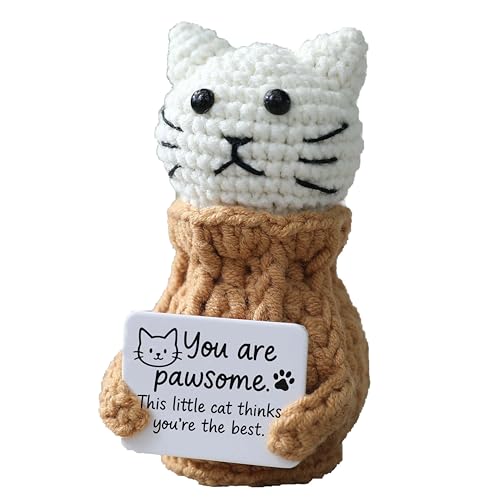 Positive Crochet Animals Cat – “You are Pawsome” Valentines Day Gifts for Him Her Boyfriend Girlfriend Women Teens, Emotional Support & Cheer Up Present, Teacher Appreciation, Birthday Gift - color: Cat-white-awesome