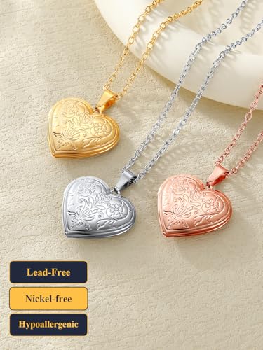U7 Women Locket Necklace, Heart Photo Lockets Hold Picture, Gift Box Packed - color: 02# Platinum*Flower Grain