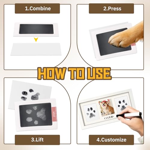 Paw Print Frame Kit for Dog Cat & Baby, Extra Large Wooden Memorial Frame, Inkless Pad & Soft Clay Impression Kit with Tool, Black (White) - color: white