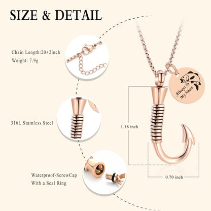 Oinsi Fishing Hook Urn Necklace for Ashes Fish Cremation Jewelry Memorial Ashes Keepsake Stainless Steel Urn Keychain for Men - color: Rose Gold (Always In My Heart)