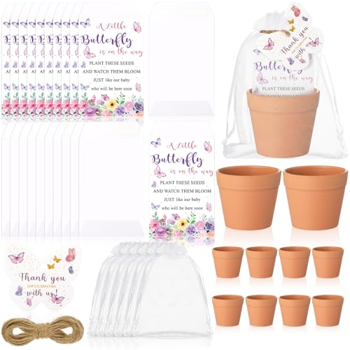 Ctosree 50 Sets Butterfly Baby Shower Party Favors for Guests A Little Butterfly Is on The Way Seed Packets Include Self-adhesive Seed Packets Flowerpot Thank You Tags Organza Bags for Baby Shower - color: Butterfly