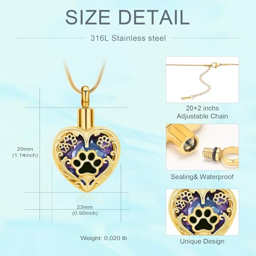 Heart Urn Necklace For Ashes Birthstone Pet Memorial Jewelry Dog Paw Print Cremation Pendant Stainless Steel Keepsake Gift For Pet Lovers - color: Gold purple