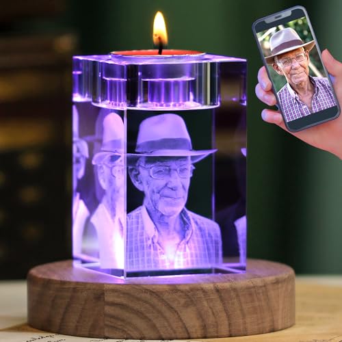 Personalized 3D Crystal Photo Candle Holder, Custom Memorial Sympathy Gift - color: Candleholder, size: Small