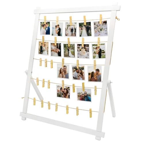 FramePro Wood Photo Display Board with Clips (White) | Freestanding stable desktop frame, holds up to 30 photos, ideal graduation table centerpiece decor - color: White