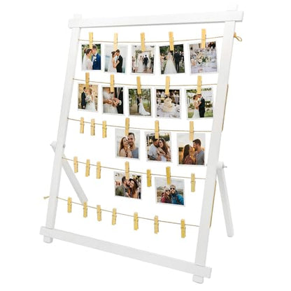 FramePro Wood Photo Display Board with Clips (White) | Freestanding stable desktop frame, holds up to 30 photos, ideal graduation table centerpiece decor - color: White