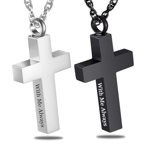Cremation Cross Necklace for Ashes Cross Urns Locket Pendant Ashes Holder Stainless Steel Memorial Jewelry-With Me Always - color: 2 Pack (Silver + Black)