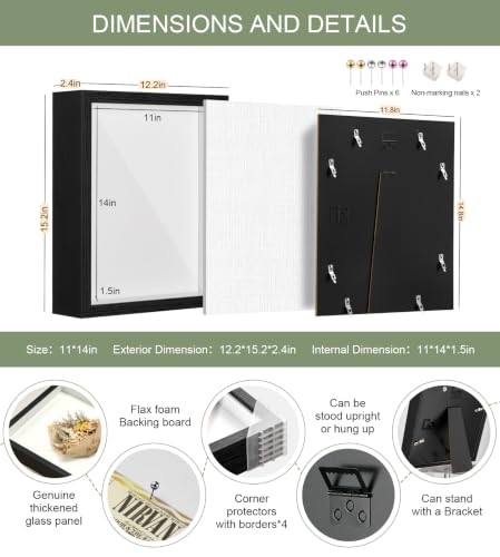 11x14 Shadow Box Frame with Shatterproof Clear Glass & Push Pins - color: Black+foam Back+foam Packaging, size: 11x14