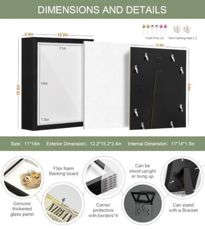11x14 Shadow Box Frame with Shatterproof Clear Glass & Push Pins - color: Black+foam Back+foam Packaging, size: 11x14