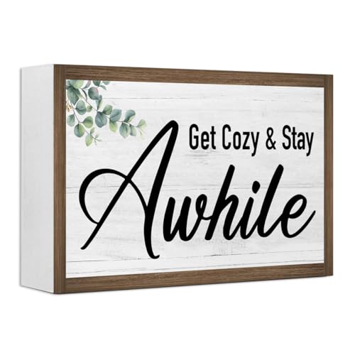 Get Cozy And Stay Awhile Wooden Box Sign Desk Decor,Rustic Family Saying Wood Block Sign for Home Farmhouse Bedroom Shelf Tabletop Wall Decor - color: Get Cozy And Stay Awhile