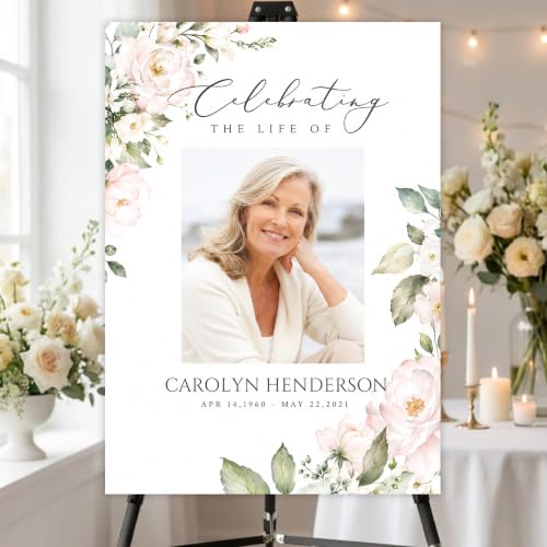 Custom Blush Floral Celebration of Life Welcome Sign Photo Memorial Funeral | Personalized Minimalist In Loving Memory yard sign. Weather-resistant corrugated plastic decor. Add custom photo, name, dates - color: Sign15