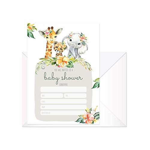 Canopy Street Boho Safari Animal Baby Shower Invites / 25 Welcome Baby Desert Animals Party Invitations / 5" x 7" Flat Floral New Baby Party Invitation Cards/Made In The USA - color: Boho Safari Animal