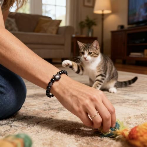 LINGYUAN Black Obsidian Cat Bracelet, Natural Stone Beaded Bracelet for Protection Luck and Energy Balance, Handmade Healing Crystal Jewelry Gift for Women and Men - color: cat face