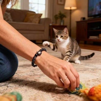 LINGYUAN Black Obsidian Cat Bracelet, Natural Stone Beaded Bracelet for Protection Luck and Energy Balance, Handmade Healing Crystal Jewelry Gift for Women and Men - color: cat face