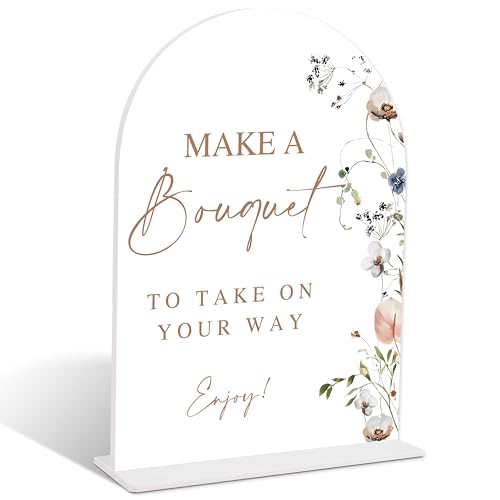 Boho Floral Make A Bouquet Sign, Arch Acrylic Sign with Stand, Wedding Signage for Reception, Bridal Shower Table Decor, Engagement Party Decorations, Wedding Must Haves for Reception, 6x8 Inches, 02 - color: Make A Bouquet Sign, 02