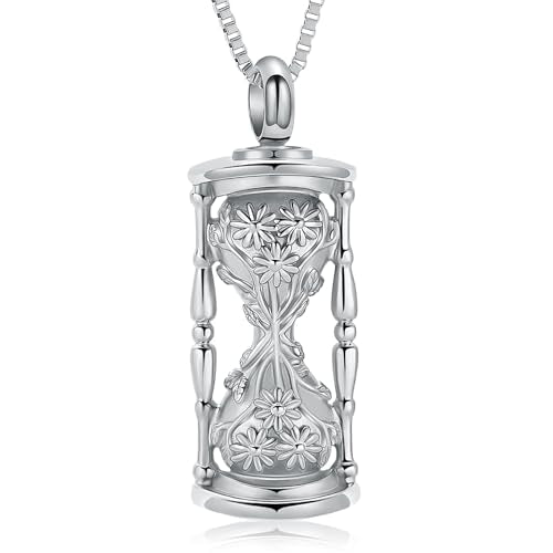 XSMZB Sunflower Hourglass Urn Necklaces for Ashes Human Pet Memorial Jewelry for Ashes Cremation Keepsake Pendant for Men Women - color: Silver