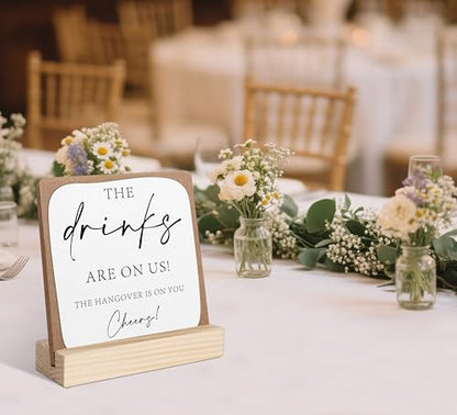 The Drinks are on Us Wooden Sign, Wedding Signs for Ceremony and Reception, Bar Signs, Bridal Shower Centerpieces for Tables, Bridal Shower Party Favors, Wedding Sign with Wooden Base - color: drinks sign