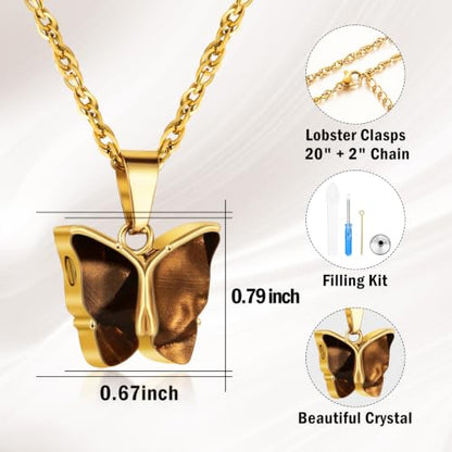 XIUDA Cremation Urn Necklace for Ashes with Crystal Butterfly Stainless Steel Memorial Keepsake Cremation Jewelry Pendant for Women - color: Brown