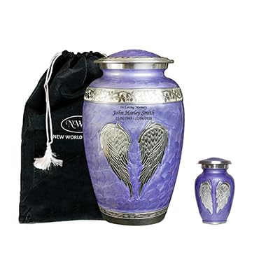 Purple Angel Wings Funeral Cremation Urn with Personalization, Matching Keepsake and Velvet Bag - color: Lilac, size: Large