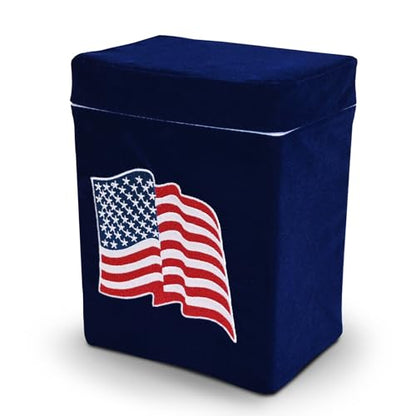 Velvet Urn Bag with TSA Approved Cremation Container | Holds Cremated Ashes of Human Adult | for a Niche or Ground Burial | Fits Crowne Burial Urn Vault (Royal Blue with American Flag) - color: Royal Blue With American Flag