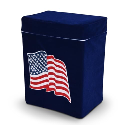 Velvet Urn Bag with TSA Approved Cremation Container | Holds Cremated Ashes of Human Adult | for a Niche or Ground Burial | Fits Crowne Burial Urn Vault (Royal Blue with American Flag) - color: Royal Blue With American Flag