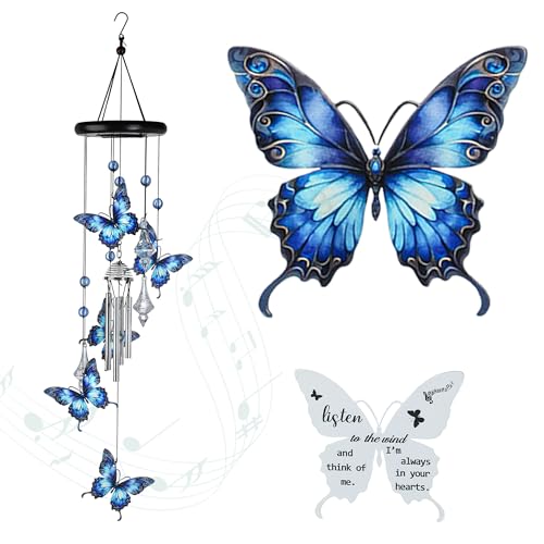 YU FENG Butterfly Memorial Wind Chime, Crystal Suncatcher Outdoor Decor - style: Blue Garden – Butterfly – 27 Inch