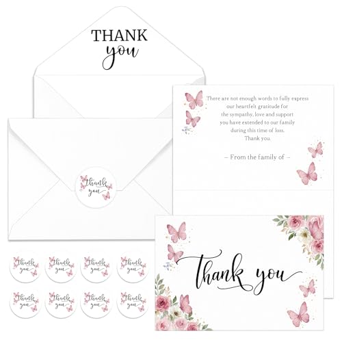 Fumete 50 Set Funeral Thank You Cards, Pink Butterfly - style: Pink Butterfly