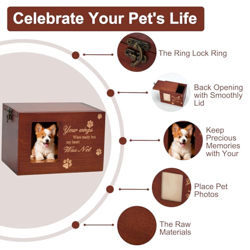 Pet Memorial Urns for Dog or Cat Ashes, Large Wooden Funeral Cremation Urns with Photo Frame, Keepsake Memory Box with Flannel Lining (Brown)