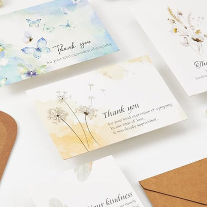 Crisky 50 PK Funeral Thank You Cards with Envelopes, Thank You for Your Sympathy Cards Watercolor Flowers Butterflies Bereavement Sympathy Thank You Cards for Funeral Family Friends
