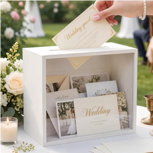 Noamus White Wedding Card Box with Slot, 11" Wooden Large Envelope Box, Money Gift Storage Holder for Wedding Reception, Graduation Party, Birthday Favor, Baby Shower, Souvenirs Donations, DIY Decor