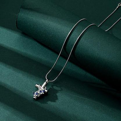 Butterfly Cross Cremation Jewelry Urn Necklaces Stainless Steel Cross Urn Necklaces for Ashes Memorial Keepsake Pendant for Women Gifts With Funnel Kit & Bag - color: SilverBlue
