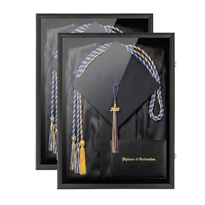 IHEIPYE Large Black Graduation Shadow Box Frame 2P Wall Mounted Lockable | Keepsake Display Case, UV-Protective Doorr, Holds Cap, Gown, Diploma, Tassel, Medals, All Graduation Memorabilia - size: Large-Black-2P