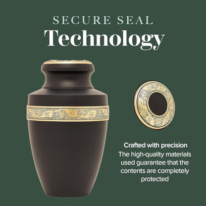 Eternal Harmony Large Urn for Ashes, Adult Male & Female Cremation Urn for Human Ashes with Elegant Finishes, Secure Seal & Velvet Bag, Funeral Urn for Women & Men Up to 200 lbs, 7”x11” (Black)