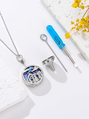 Urn Necklace for Women Sterling Silver Meaningful Memorial Jewelry | Paw Print/Butterfly/Dragonfly/Bird/Dolphin/Mountain/Tree of Life Urn Necklace for Ashes Cremation Keepsake Jewelry for Women - style: Abalone-Mountain range