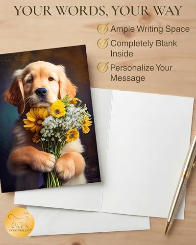 Golden Retriever with Flowers All Occasions Greeting Card - Dog with Flowers from Unique Dogs Party Delights Collection - Large 5x7 Inch - Blank Inside with White Envelope - color: Golden Retriever with Flowers