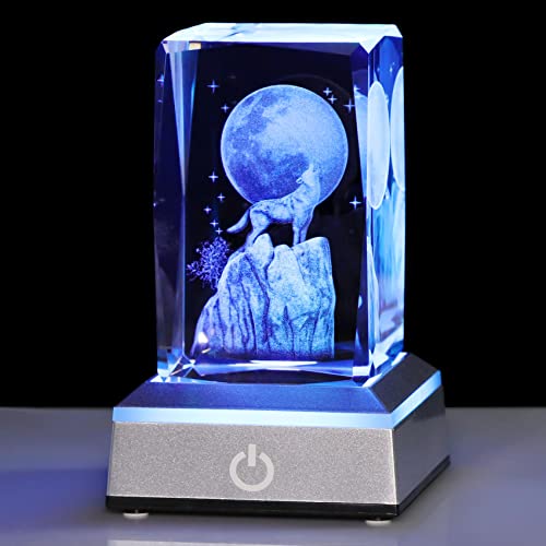 YWHL 3D Crystal Wolf Gifts for Man Women, Wolf Figurines Present with Light Base for Animal Lovers on Birthday Christmas, Figurine Collection for Home Decor - color: Wolf and Moon