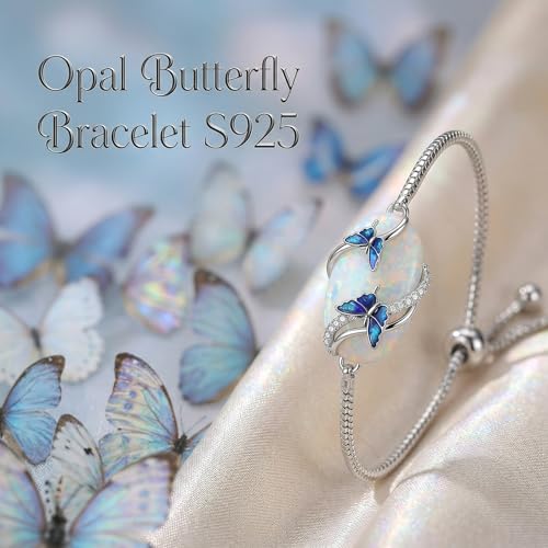 Hummingbird/Bee/Black Cat/Butterfly/Dragonfly Bracelet 925 Sterling Silver Opal Bracelet Opal Jewelry Gifts for Women Mom Wife - style: Butterfly