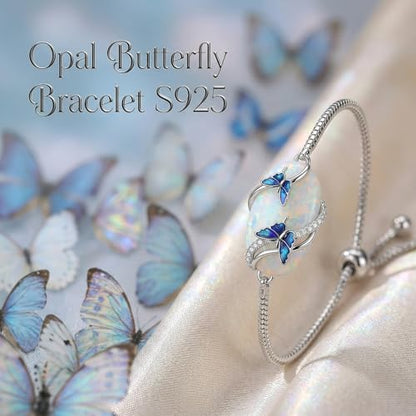 Hummingbird/Bee/Black Cat/Butterfly/Dragonfly Bracelet 925 Sterling Silver Opal Bracelet Opal Jewelry Gifts for Women Mom Wife - style: Butterfly