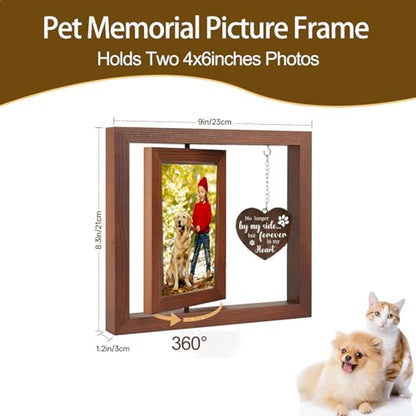 Dog Memorial Picture Frame 4x6 Rotating Wooden Photo Frame Pet Loss Sympathy Gift Bereavement Remembrance Keepsake with Paw Pendant for Dog Cat Lovers