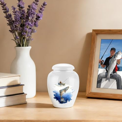 abooxiu Small Urns for Human Ashes Mini Urn for Ashes 2.8 Inch Ceramic Memorial Keepsake Urn Cremation Urn for Adult Female Male Women Men, Decorative Funeral Burial Urns, Fishing Scene