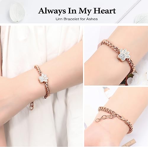 zeqingjw Urn Bracelet for Pets Ashes Pet Cremation Jewelry Stainless Steel Paw Print Pet Memorial Bracelet Pet/Dog's/Cat's Ashes Keepsake for Women Men - color: Rose Gold