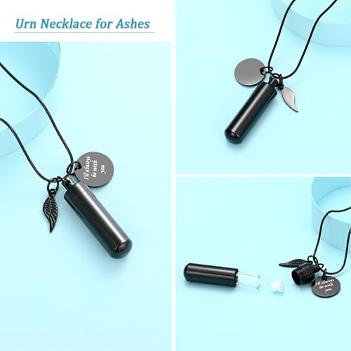 Cylinder Urn Necklace for Ashes with Glass Vials Cremation Jewelry Stainless Steel Ash Holder Keepsake Memorial Jewelry with Fill Tool - color: Black-B