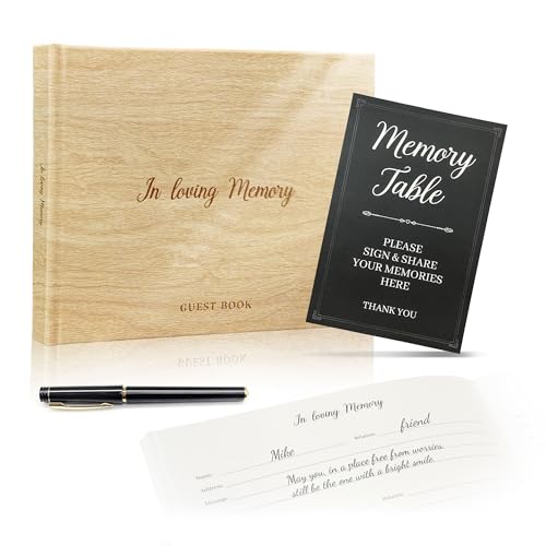 Funeral Guest Book for Memorial Service - Leather Memory Book for Funeral Guests to Sign in with Condolence Memory Table Sign & Back Pocket（Trailwood） - color: Trailwood