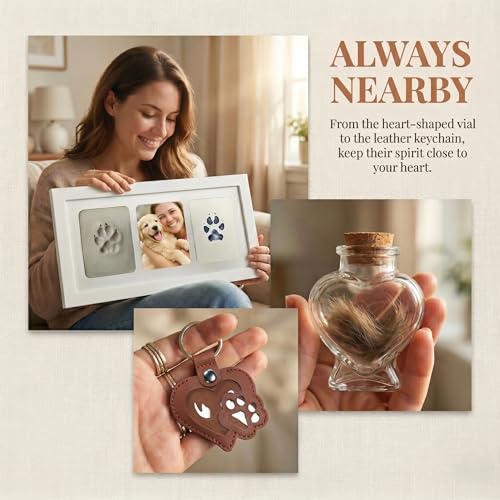 White Pet Paw Print Keepsake Photo Frame, Mess-Free 3-Panel Wooden Pet Loss Memorial Kit for Dog & Cat - color: white