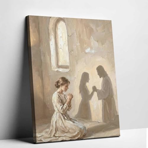 KERAXL Jesus Praying with Woman Canvas Wall Art, He Is With You Christian Painting, Neutral Bible Wall Art Print for Prayer Room Bedroom Frame-style-1 16x24inch(40x60cm) - color: Frame-style-1, size: 24L" x 16W"