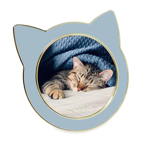 Isaac Jacobs 4x4 Fog Blue w/Silver Round Enamel Cat Picture Frame w/Easel | Round Enamel Cat Picture Frame w/Ears - Tabletop, Home & Office Décor - color: Fog Blue with Silver, size: 4x4